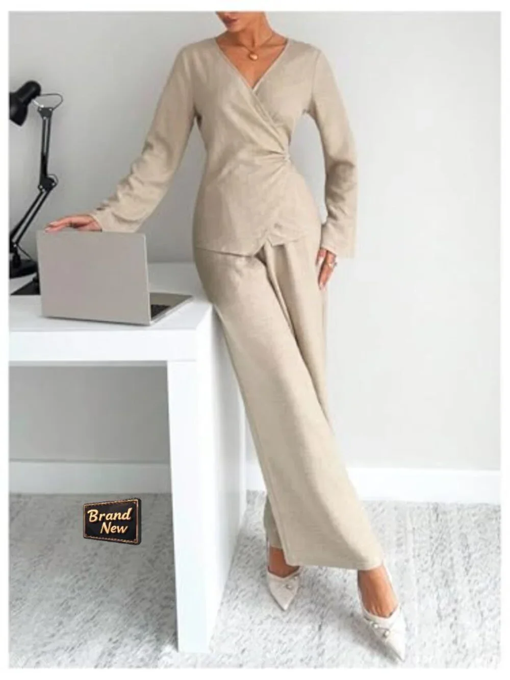 2 Piece Long Sleeve Wrap Tie Top and Pants Set Work Business Outfit